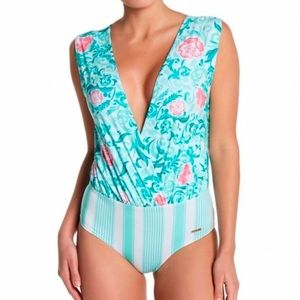 Anthropologie Aqua Floral & Stripe One-Piece Swimsuit